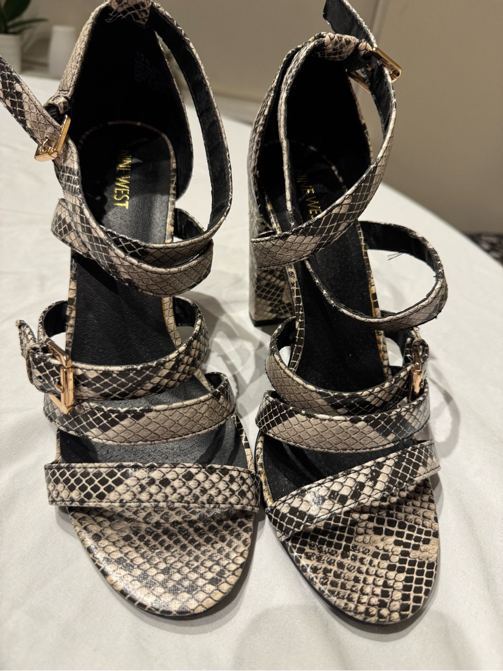 Nine West Snake-Print Multi-Strap Block Heel Sandals
